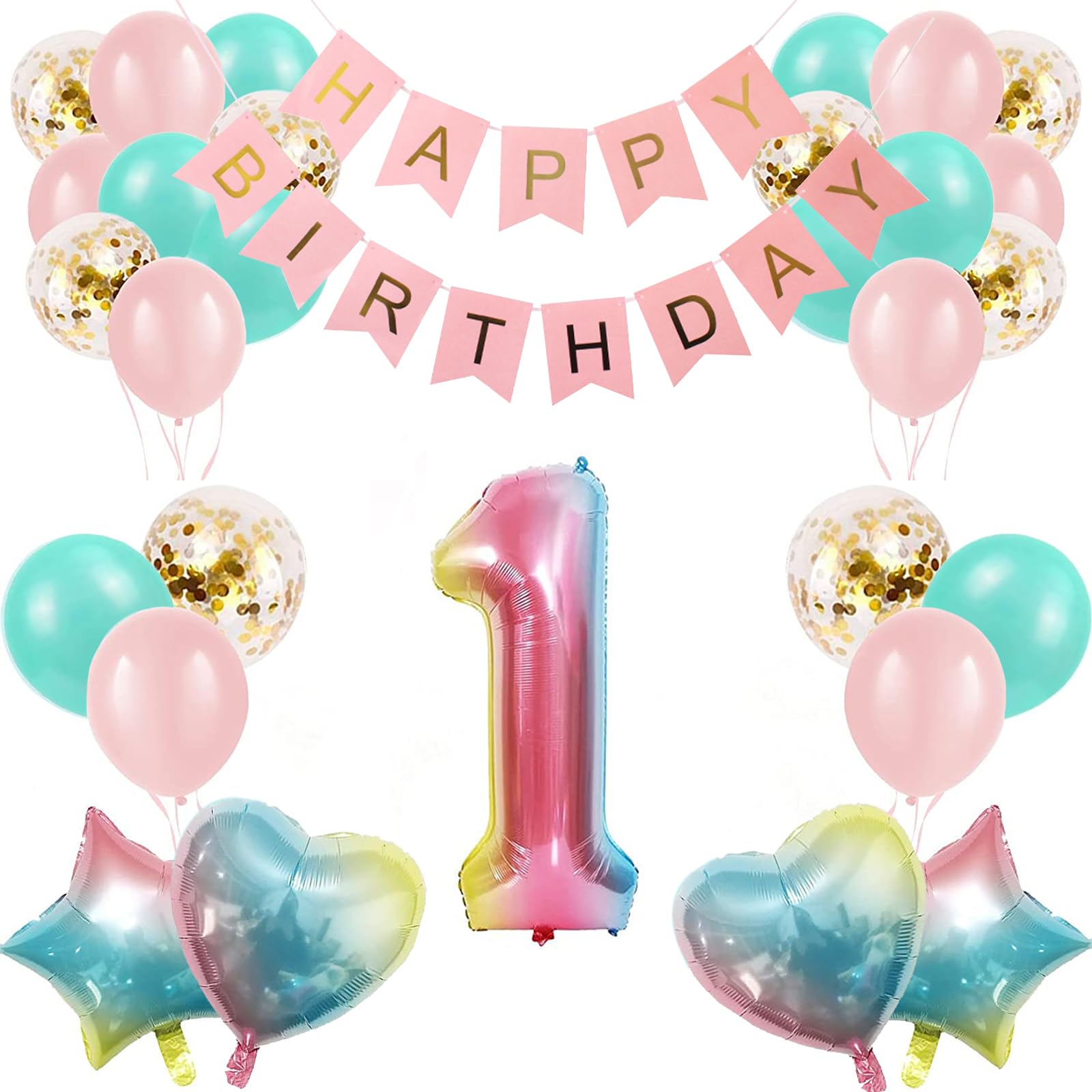 Photo 1 of 1st Birthday Decorations for Girls Gradient color Age 1 Balloons with Happy Birthdays Banner for Baby showers Frist Birthdays Party Supplies for Girls Boys (1st-Birthday)