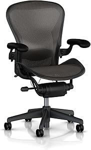 Herman Miller Classic Aeron Task Chair: Tilt Limiter w/Seat Angle Adj - Lumbar Pad - Fully Adj Vinyl Arms - Standard Carpet Casters - Graphite Frame/Carbon Pellicle -Size B (Renewed)