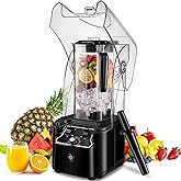 Commercial Blender for Smoothies 2200W With Soundproof Cover, 2200 ML, 15 Speeds, 6-leaves Stainless Steel Blade,Heavy Duty Blender for Restaurant,Ice Crush,Shakes, 9.5"D x 9"W x 19.7"H (Black)