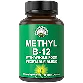 Methyl B12 Vitamin + Whole Food Blend of 25 Vegetables and Fruits for Max Absorption. Vegan Vitamin B12 Methylcobalamin - Methyl B-12 Supplement for Energy, Focus and Relief. 30 Day Supply Capsules