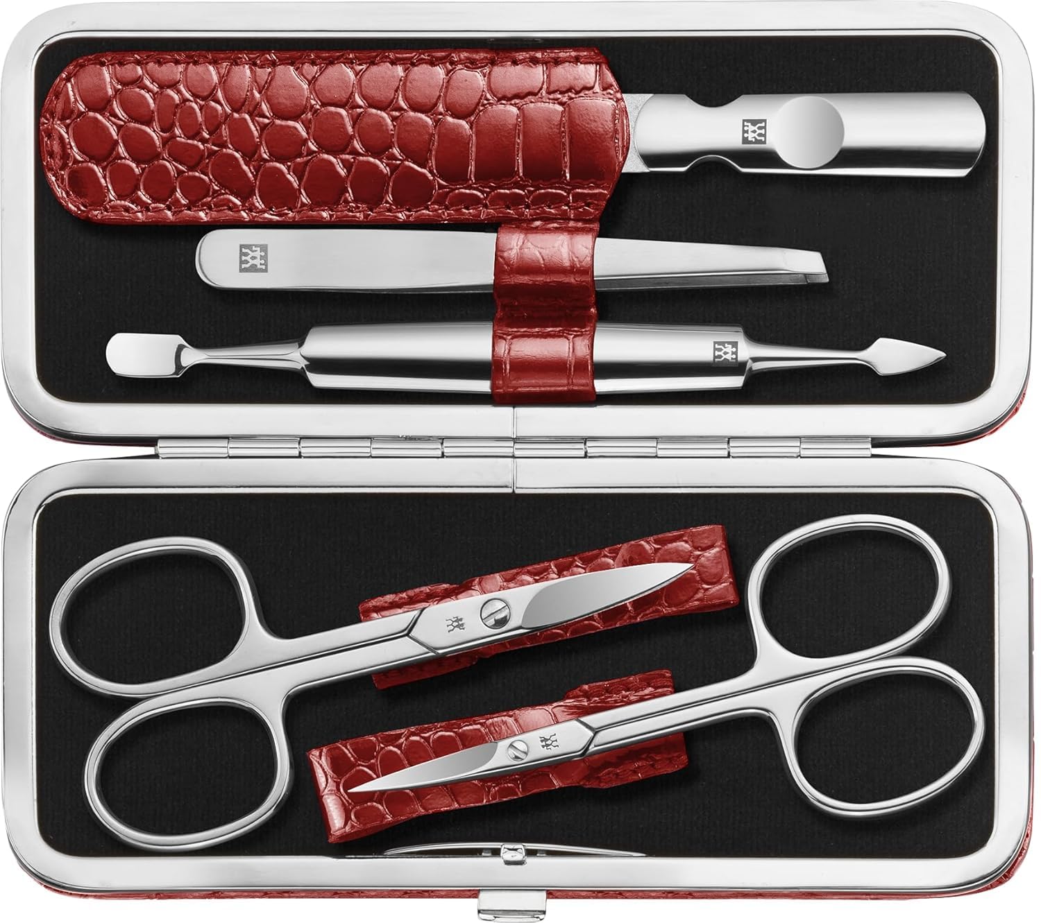 ZWILLING Manicure Set (5 Pieces, for Care of Fingernails and Toenails, Genuine Leather Case with Metal Frame), Polished Stainless Steel, Crocodile Edition, Red