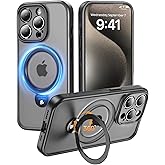 MAGIC JOHN Designed for iPhone 15 Pro Max Case 6.7'', with 360° Rotatable Magnetic Metal Stand [Military Drop Protection] [Compatible with MagSafe] Shockproof Translucent, Black