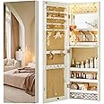 LUXFURNI Mirror Jewelry Cabinet Wall Mounted with lights, 42" Tall Over The Door Hanging Jewelry Armoire, 3 Color Modes Jewelry Mirror Storage, Vanity Table with Interior Mirror, White
