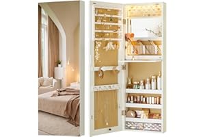 LUXFURNI Mirror Jewelry Cabinet Wall Mounted with lights, 42" Tall Over The Door Hanging Jewelry Armoire, 3 Color Modes Jewelry Mirror Storage, Vanity Table with Interior Mirror, White