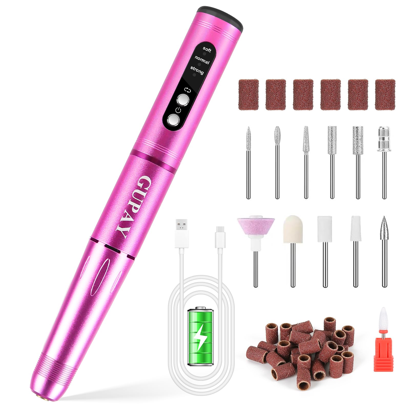 GUPAY Electric Nail Files, Cordless Rechargeable Nail Drill Machine for Natural Acrylic Gel Nails, Professional Portable Efile Manicure Pedicure Kit for Girl Women Home Use Beginners (Magenta)