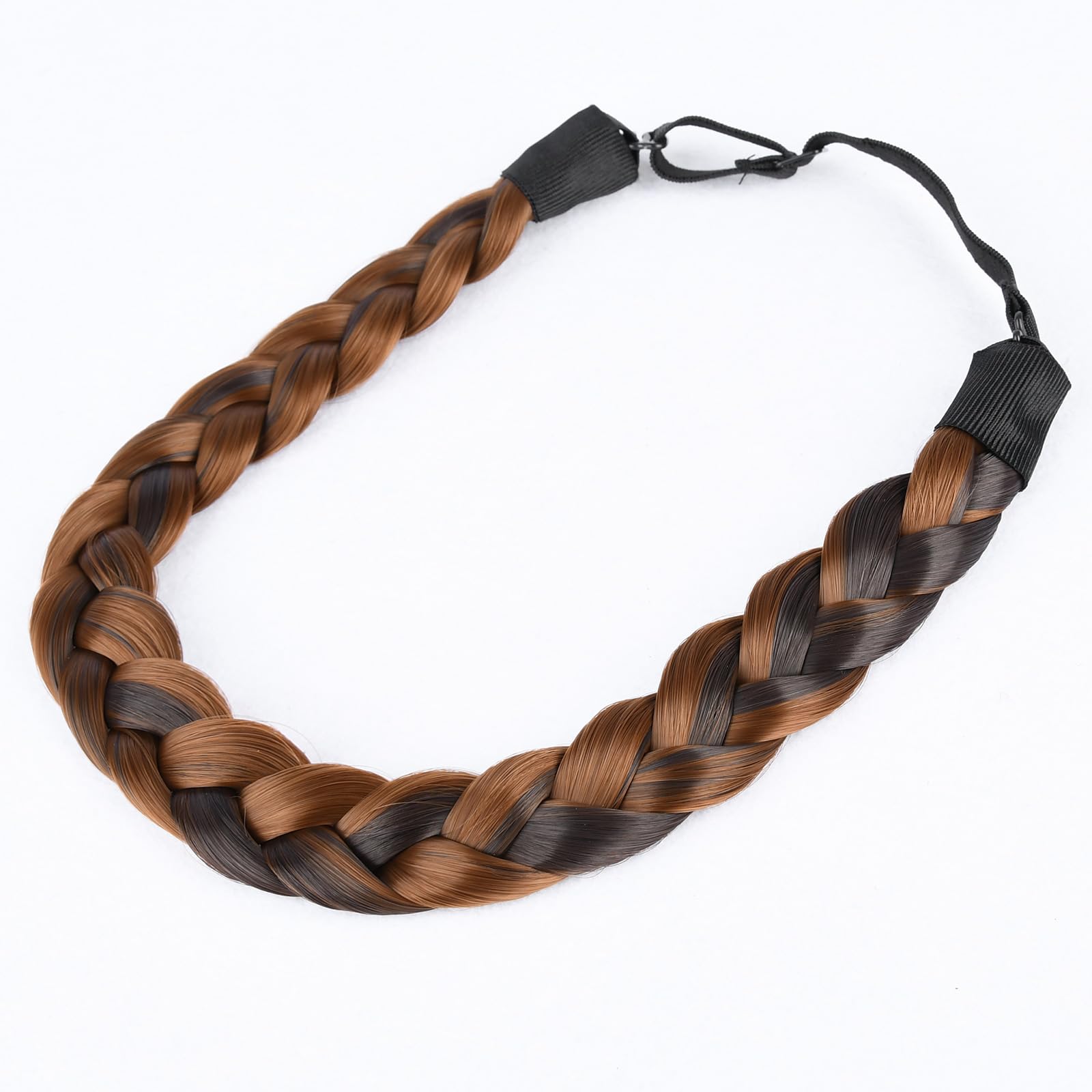 BOBIYA 3 Strands Synthetic Hair Braided Headband Classic Chunky Wide Plaited Braids Elastic Stretch Hairpiece for Women Girl (Highlighted Dark Brown)