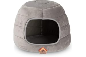 Hollypet Coral Velvet Cat Bed, 16×16×12.5 inches 2 in 1 Foldable Cave, Self-Warming High Elastic Foam Pet Bed for Cats, Light Gray