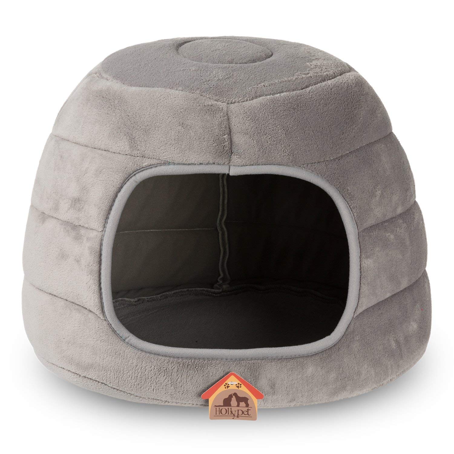 Hollypet Coral Velvet Cat Bed, 2-in-1 Foldable Cat Cave Pet Bed for Cats and Small Dogs, Gray S