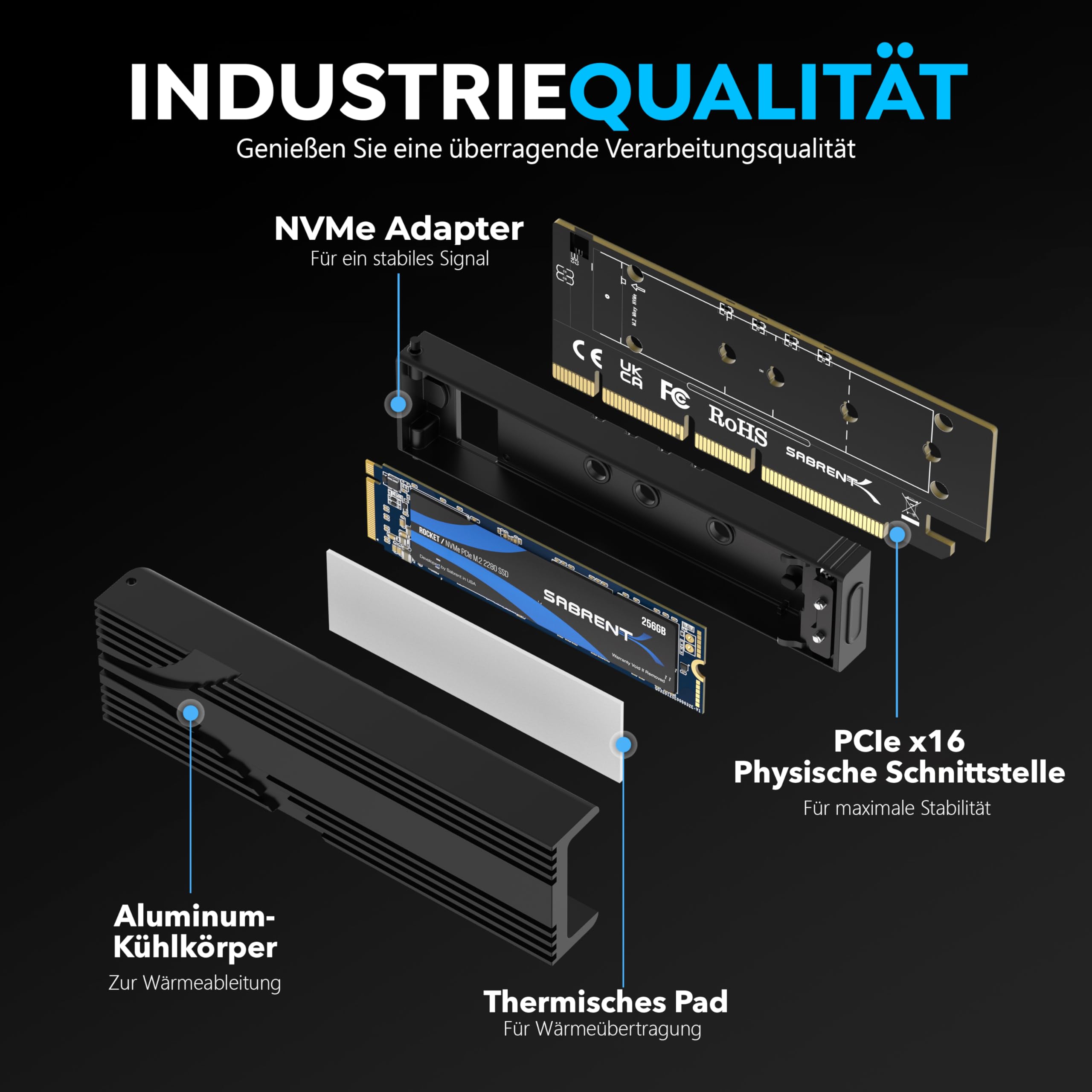 SABRENT M.2 NVMe zu PCIe x16 Adapter für Gen5 SSDs PCIe 5.0, Werkzeuglose Zusatzkarte mit Aluminium-Kühlkörper (EC-TFPE) 3