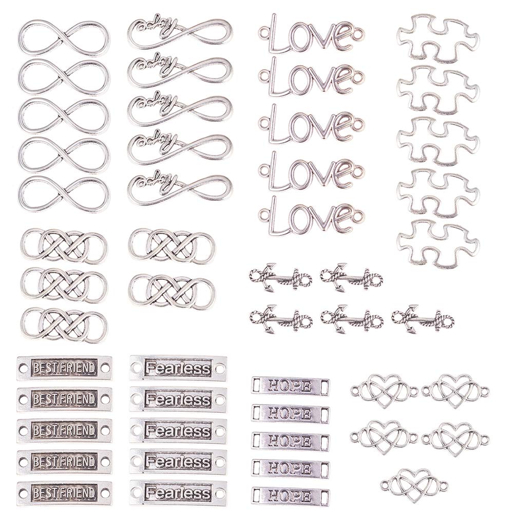 SUNNYCLUE 50pcs 10 Styles Infinity Love Connector Charms Heart Rectangle Charm Pendants Jewelry Findings Accessories for Beginners DIY jewellery Necklace Bracelet Making Accessories, Antique Silver