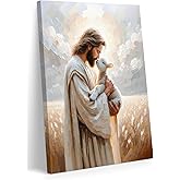 FWAHREN Christian Jesus and Lamb Canvas Wall Art, Good Shepherd Religious Painting Artwork, Framed Biblical pictures Poster Print Wall Decor for Church Prayer Room Home Office, Wrapped Canvas 12x16in