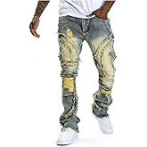 Giraropa Mens Black Stacked Jeans Slim Fit Ripped Jeans Destroyed Straight Denim Pants Harajuku Hip Hop Trouser Streetwear