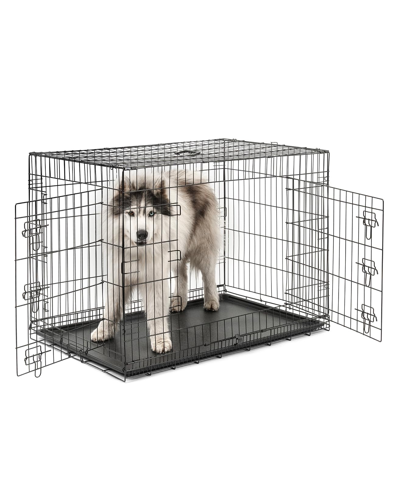 lionto Pet transport box for dogs and cats, multifunctional transport cage with hygienic plastic tray, 106x71x77 cm, metal dog box with sturdy safety catches & partition wall, black