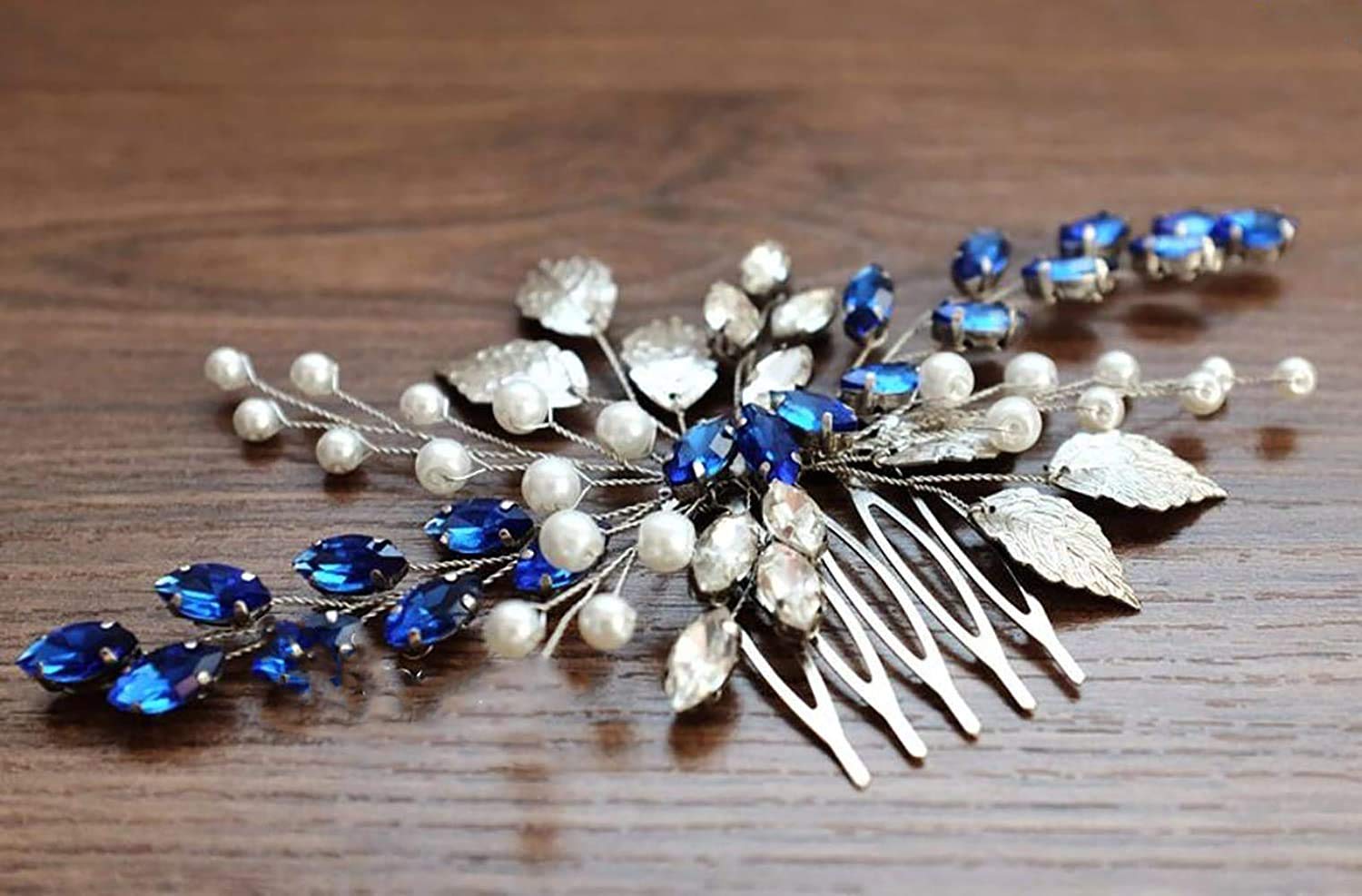 BERYUAN Women Opal Blue Crystal Pearl Hair Comb Vine Silver Leaf Headpiece Wedding Hair Accessory Gift for Her Party Headpiece for Bride Bridesmaid Girls (silver)