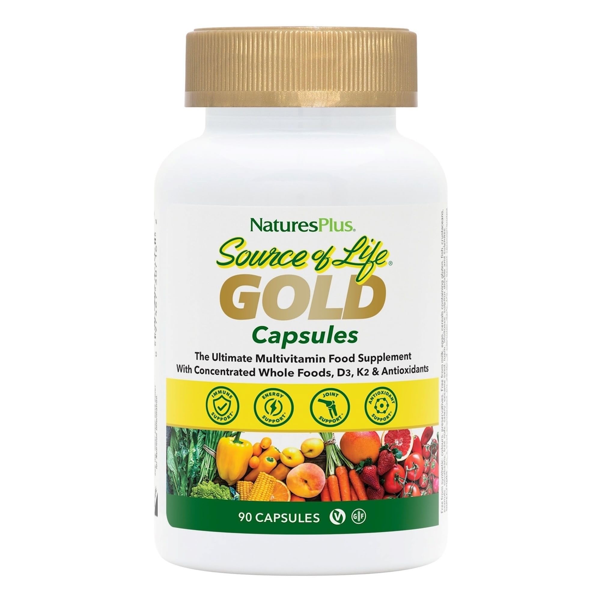 NaturesPlus Source of Life Gold Capsules - Whole Food Based Multivitamin for Men and Women, Energy, Immune, Focus - Gluten Free, Vegan - 90 Capsules