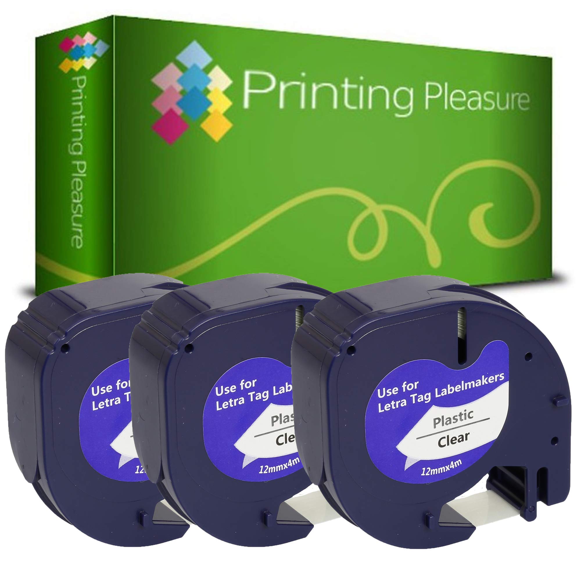 Printing Pleasure 3 x 12267 S0721530 Black on Clear Plastic Labelling Tapes Compatible with LetraTag LT100H LT100T LT110T QX50 XR | 12mm x 4m