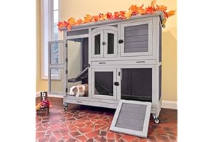 SUUMERPETY 2-Tier Indoor Rabbit Hutch Bunny House Guinea Pig Cage with Sliding Plastic Trays, Wheels & Ramp, 47.2" Multi-Door Wooden Small Animal Cage for Rabbits, Bunnies, and Guinea Pigs (Grey)