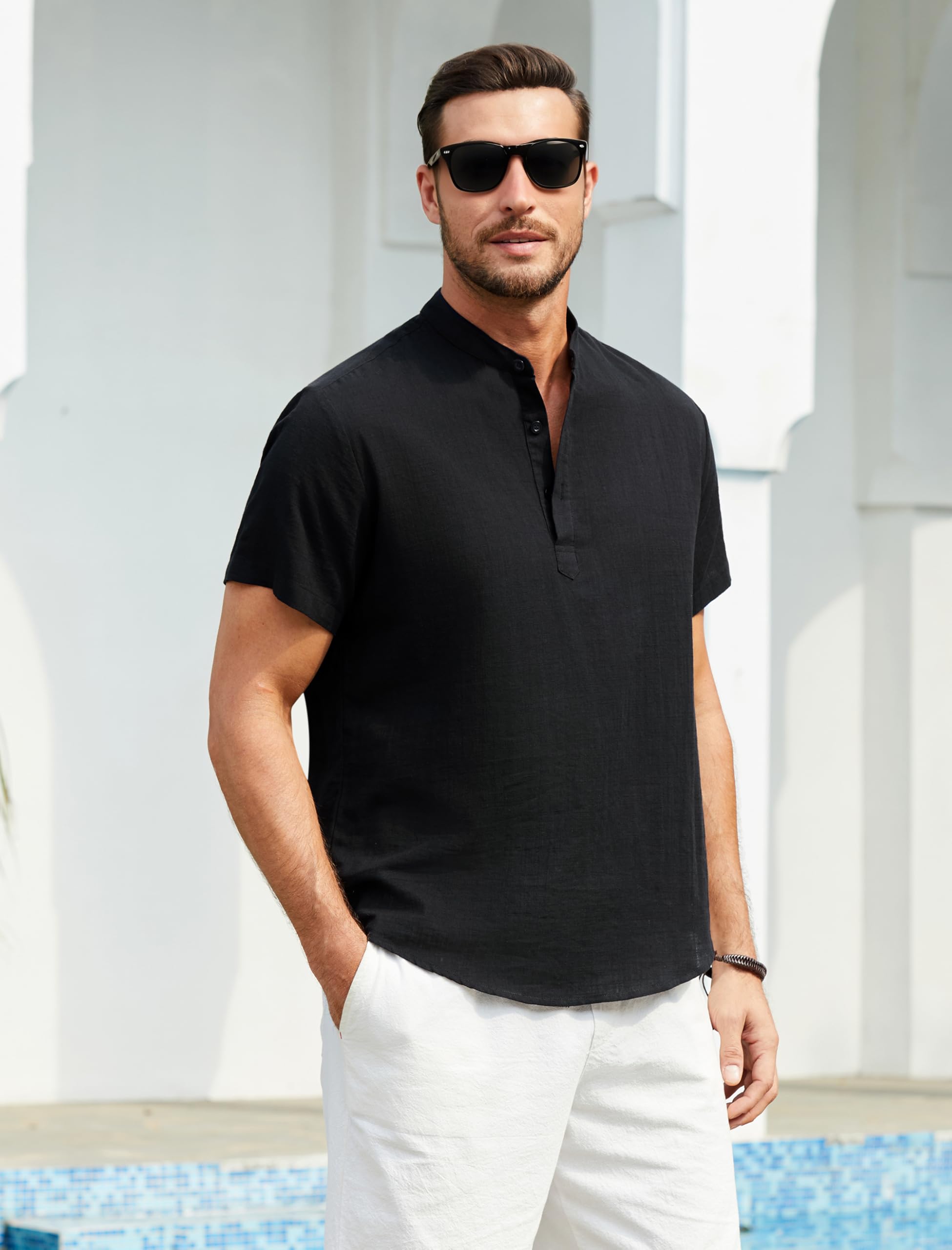 Enlision Herren Hemd Kurzarm Schwarz Baumwolle Leinenhemd Leichtes Sommerhemd Ohne Kragen Freizeithemden für Herren Henley Shirt Regular Fit L 2