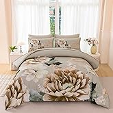 ZSYAYAHA Queen Bed Comforter Set Khaki Floral Bedding Sets Floral Bed Sets for Women Gorgeous 7 Pieces Bed in A Bag with Peony Pattern(Khaki, Queen)