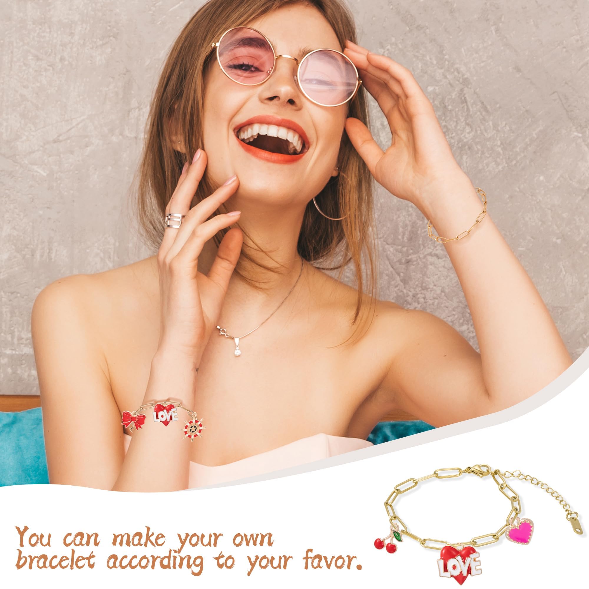 HUISUYTON 10 PCS Charm Bracelet Chain, 18K Gold Charm Bracelet Kit, 6.3Inch Paperclip Chain Bracelets, Chain Bracelet for Jewelry Making, Adjustable Jewelry Charm for Crafting and Gifting