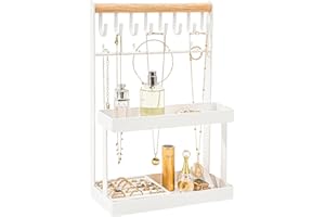 Lolalet 4-Tier Jewelry Organizer, Cute Necklace Holder Stand with 12 Hooks for Teen Girl Aesthetic Room Bedroom Decor -White