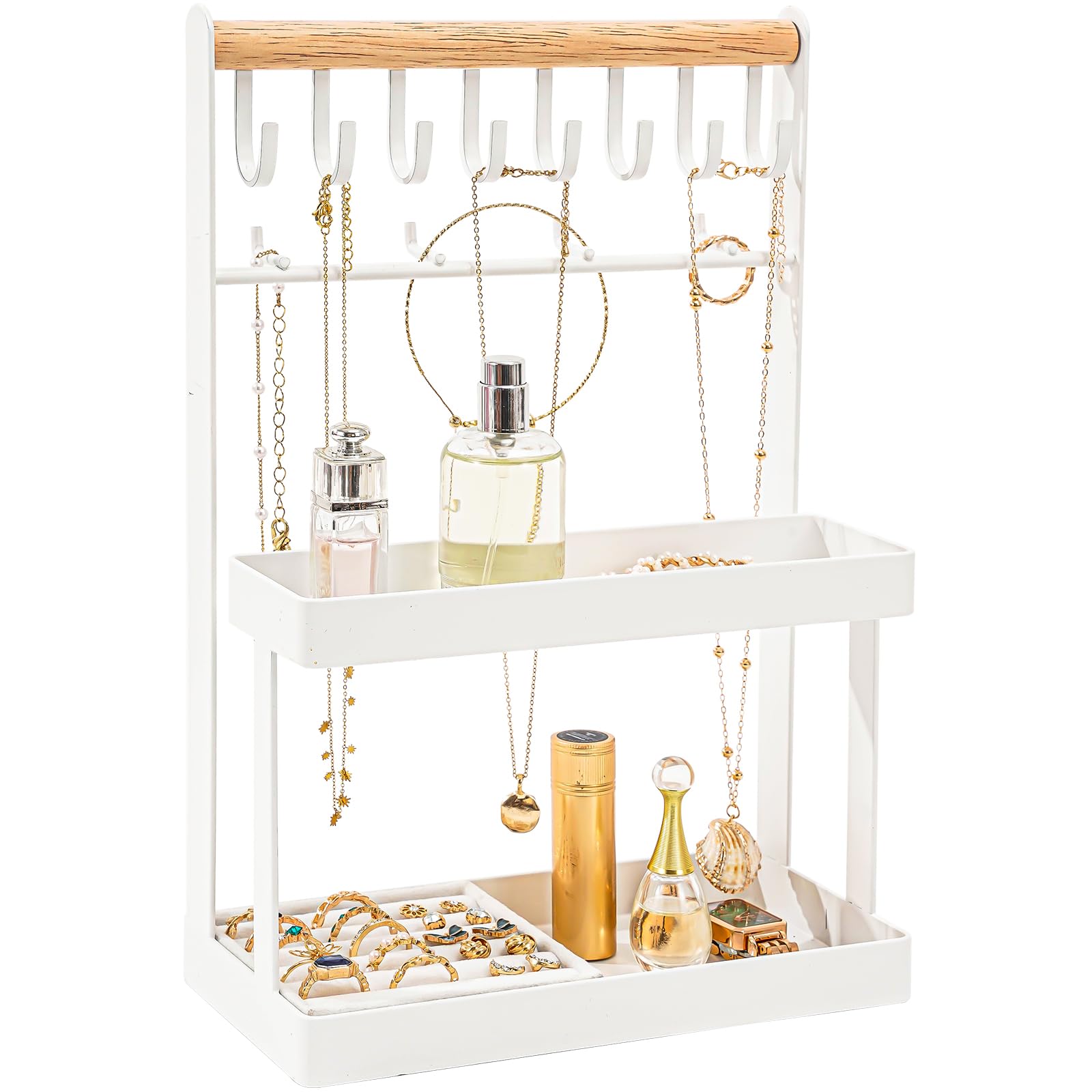 Lolalet Jewelry Organizer Stand Holder, 4-Tier Jewelry Tower Rack with 12 Hooks Place Jewelry Rings Necklaces Sunglasses for Entryway Dresser Vanity Bedside Tables -White