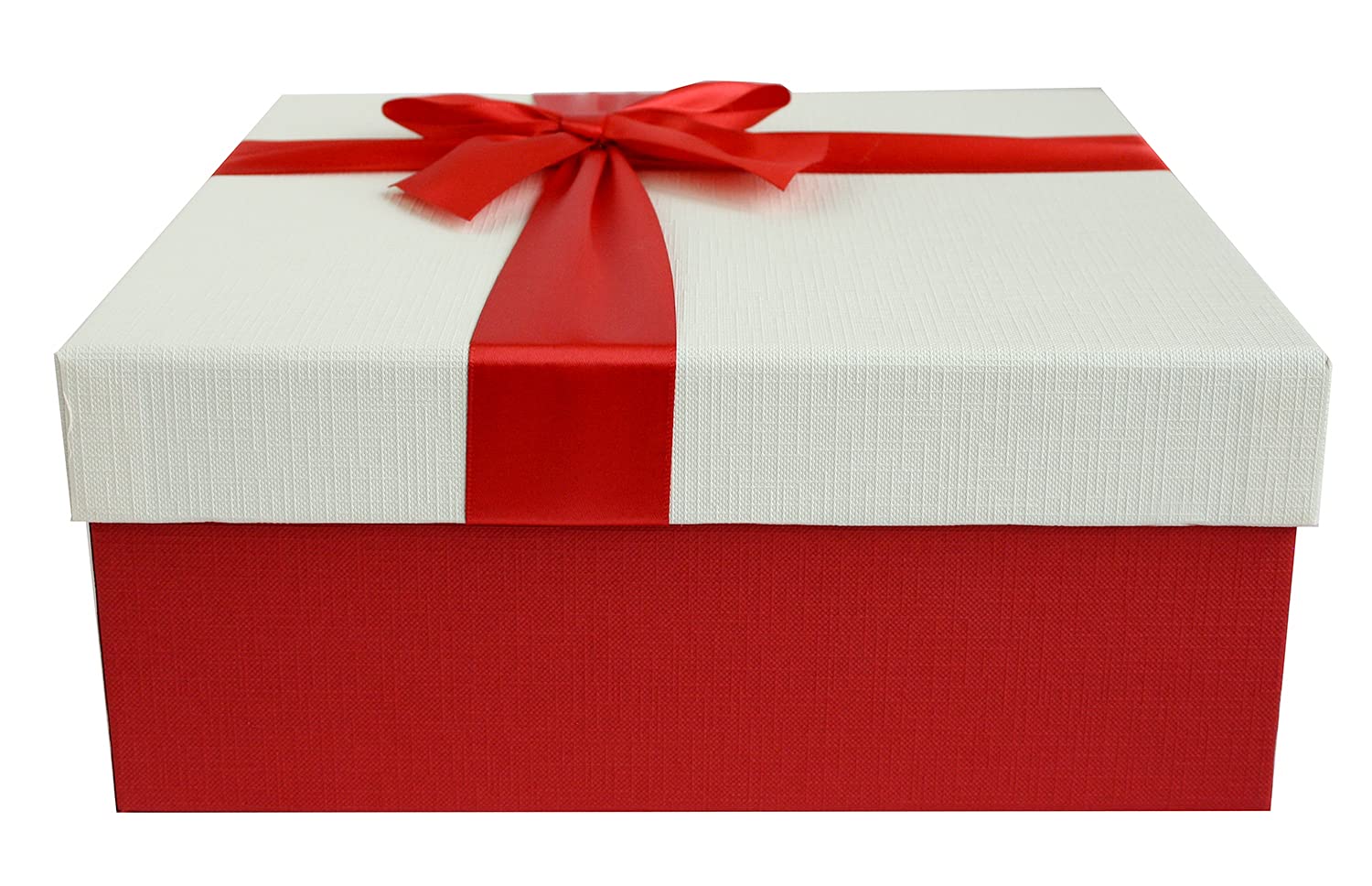 Emartbuy Cream Paper + Red/White Rigid Gift Box with Ribbon – 26.5 x 26.5 x 11 cm – Luxury Cardboard Presentation Box|Premium Packaging for Hampers, Birthdays, Weddings, Corporate Gifting