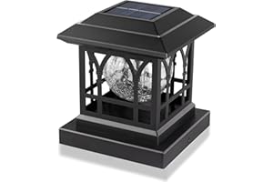 AEFRELEOHT Solar Post Cap Lights, Warm White & RGB Automatic Cycling, Cracked Glass Bulb, 20 Lumens lP65 Waterproof Fit 3.6x3.6 4x4 4.5x4.5 5x5 Wood Fence Post Solar Powered Lights Black (1 Pack)