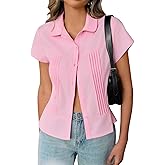 Cicy Bell Womens Short Sleeve Button Down Shirts Pleated Slim Fit Summer Dressy Casual Blouses