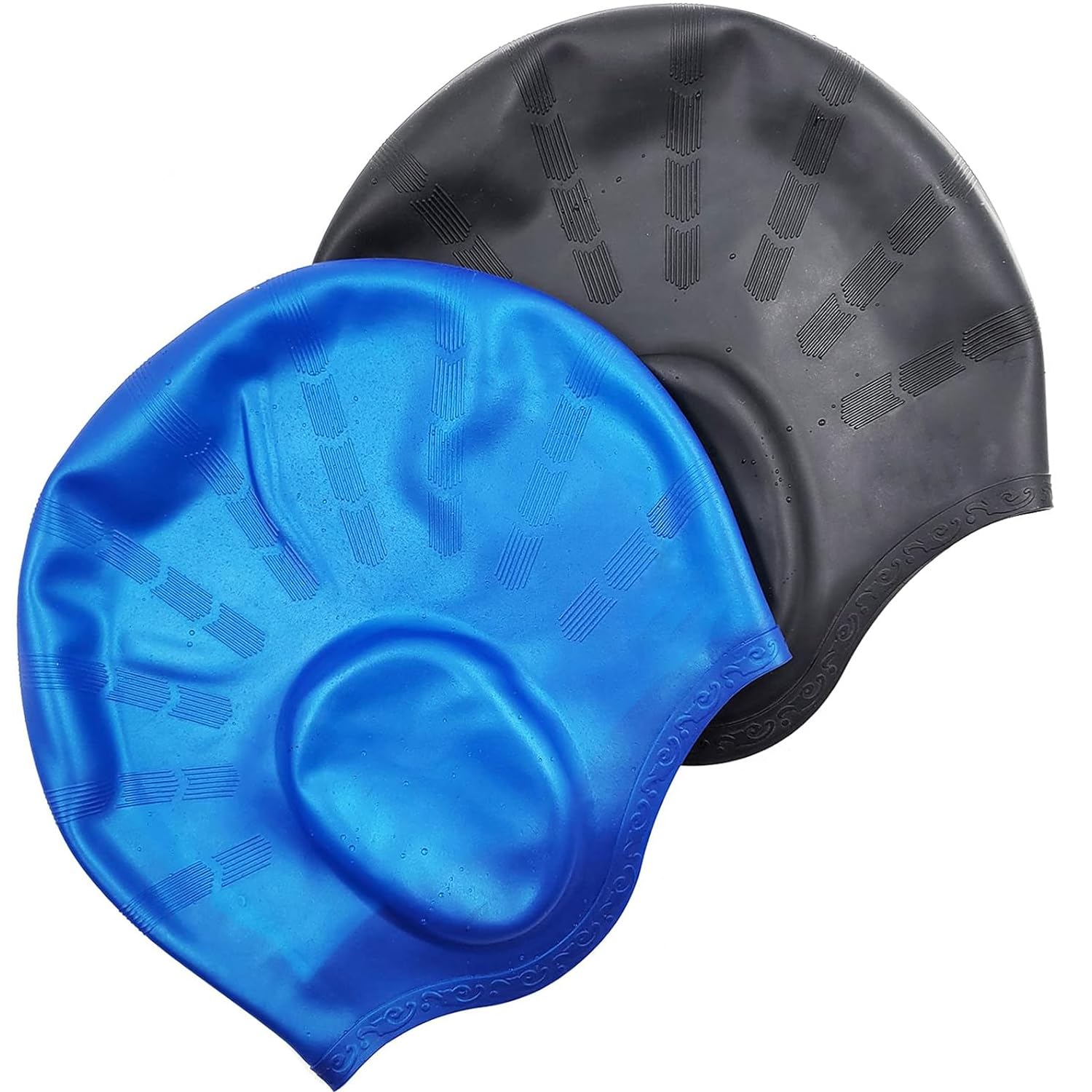 Swimming Cap,2 Pack Silicone Swim Cap for Women Men, Durable Non-Slip Waterproof Swim Cap Protect 3D Ear Protection (Black+Blue)