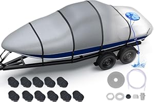 FONZIER Heavy Duty Boat Cover 17'-19', 1400D Middle Reinforced Waterproof Polyester Canvas, Trailerable Boat Cover with Fast Drainage Kits Fit 17-19ft V-Hull/Tri-Hull/Runabout/Bass Boat/Fish & Ski, Gray