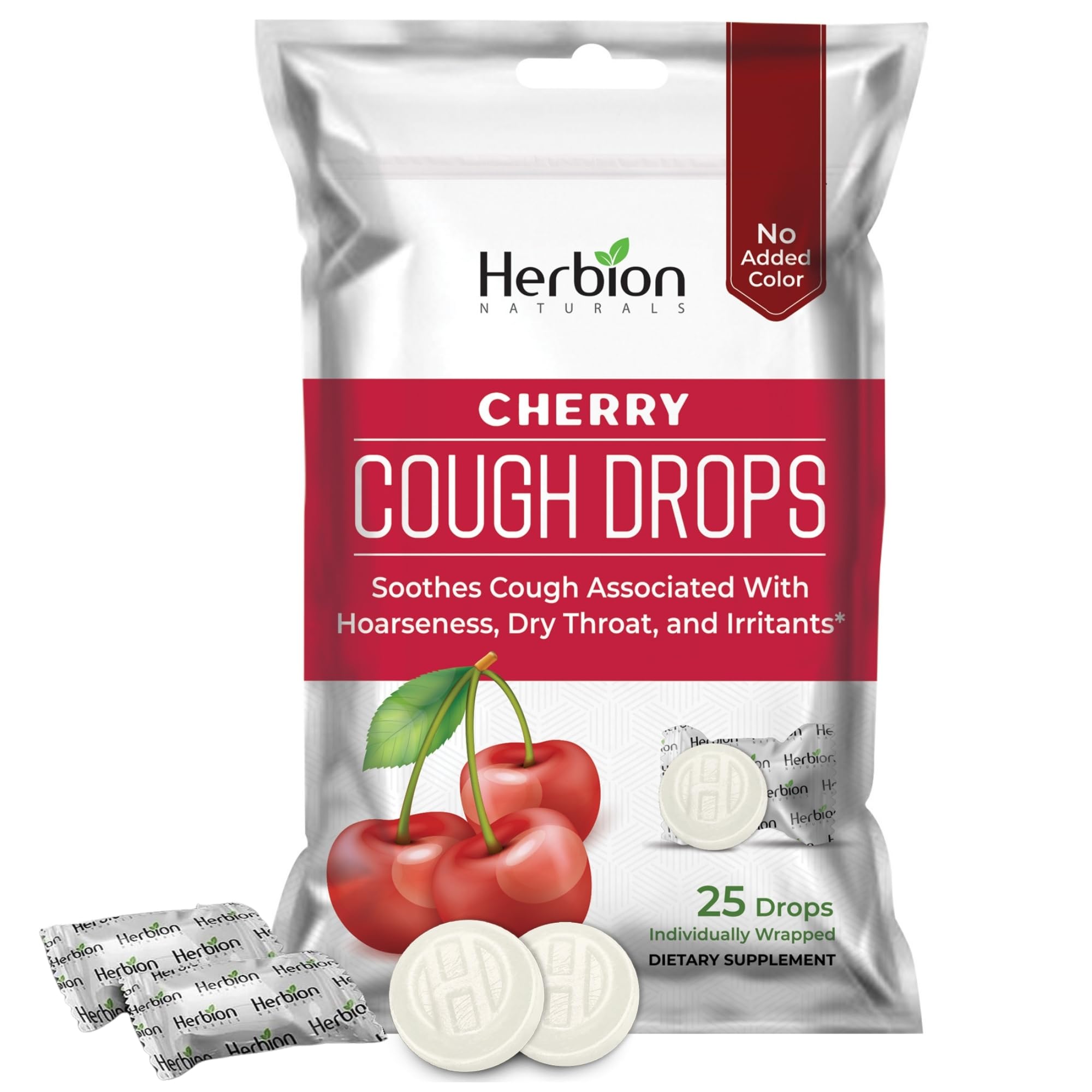 Herbion Naturals Cough Drops with Cherry Flavor, Soothes Sore Throat and Dry Mouth, for Adults, Children 6 and Above, 25Ct Pouch