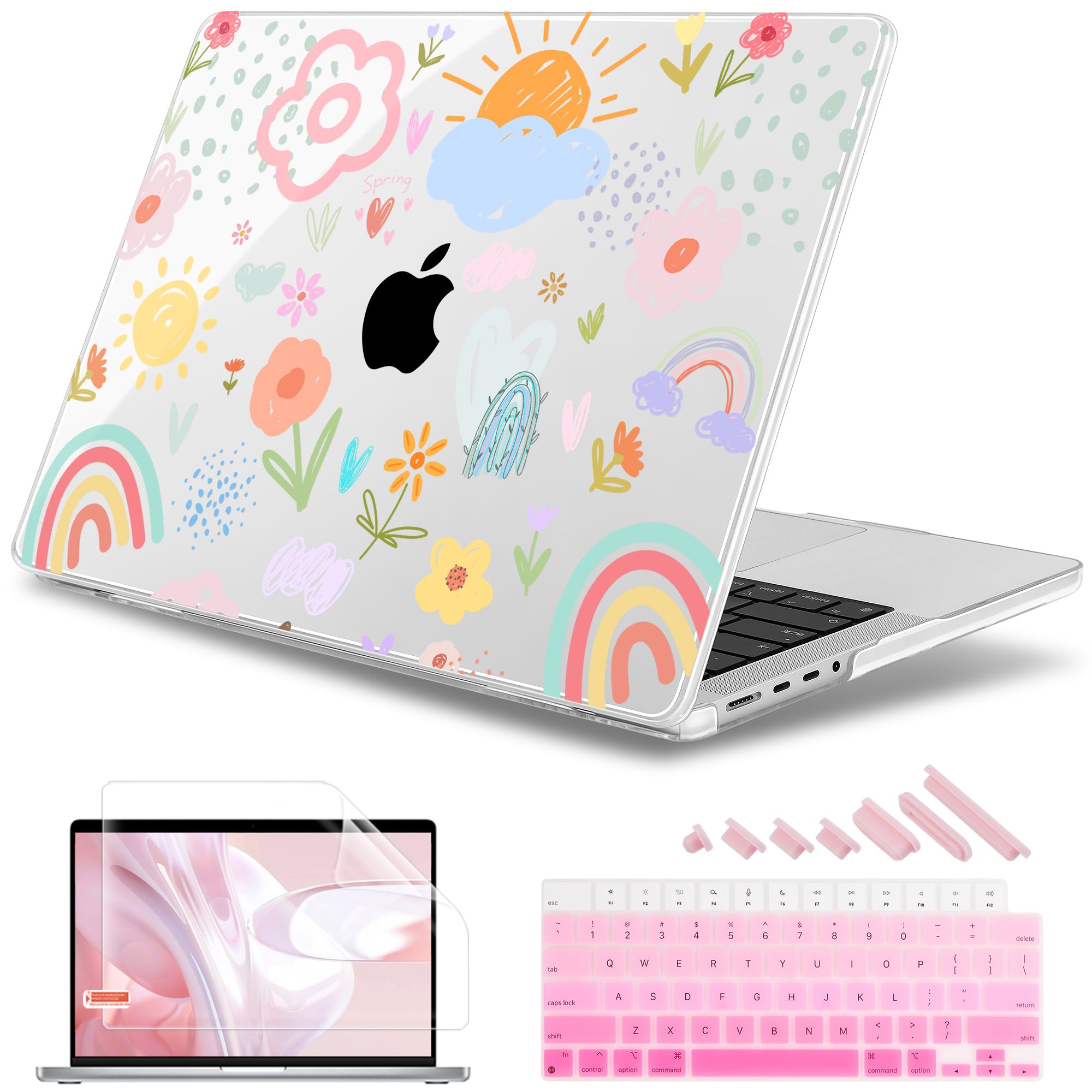 Photo 1 of May Chen Case for M4 MacBook Pro 16 inch A3403 Max A3186, M3 A2991 M2 A2780 M1 A2485 Pro Max 2024 2023 2022 2021 Release, Plastic Hard Shell Case with Screen Pretector&Keyboard cover, Rainbows Flowers
