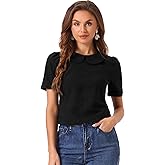 Allegra K Peter Pan Collar Blouse for Women's Floral Jacquard Puff Short Sleeve Kawaii Top