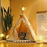 little dove Pet Teepee House Fold Away Pet Tent Furniture Cat Bed With Cushion 28 Inch Beige Pompom（with/without Pad as You Choose