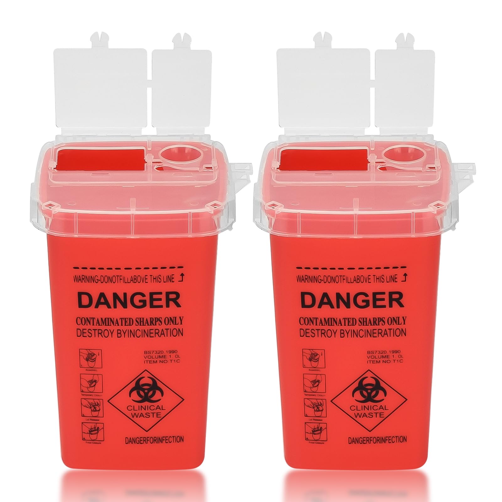 ATOMUS 2pcs 1L Red Tattoo Plastic Sharp Container Box Sharps Containers Needle Destruction Waste Bin Needle Disposal Bin with Lid for Tattoo Eyebrow Blade