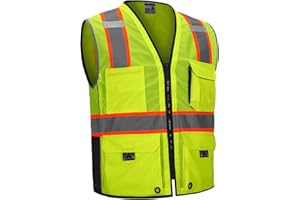 SKSAFETY 10 Pockets Professional level Safety Vest, Class 2 High Visibility Security Vest with Zipper, Hi Vis Vest with Reflective Strips, ANSI/ISEA Standard, Construction Work Vest（Lime, L）