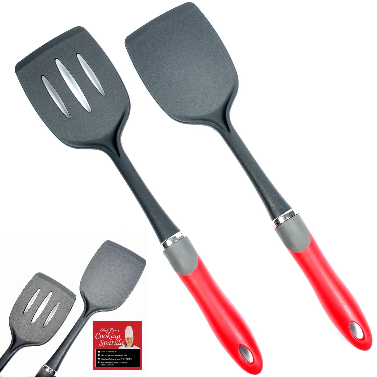 2-pc Kitchen Spatula Set -2 Yr Warranty- Non-Scratch and Non-Stick Nylon Solid & Slotted Spatulas For Enamel, Teflon, Glass And Pyrex Pots And Frying Pans
