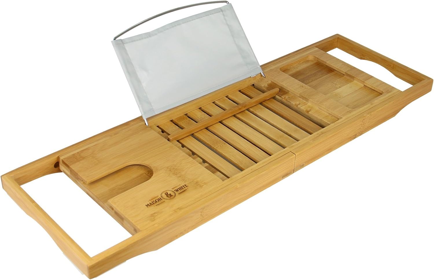 Extendable Bamboo Bath Caddy & Tray | Non-slip Feet | Adjustable Luxury Home Spa Wood Bath Caddy | Wine Glass, Tablet / Book, Smartphone Holder | M&W