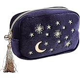 Piullzze Navy Velvet Embroidered Applique Moon Stars Pattern Cosmetic Bag with Tassels and Pearl Zipper, Travel Makeup Bag Toiletry Pouch Clutch Bag (navy A)
