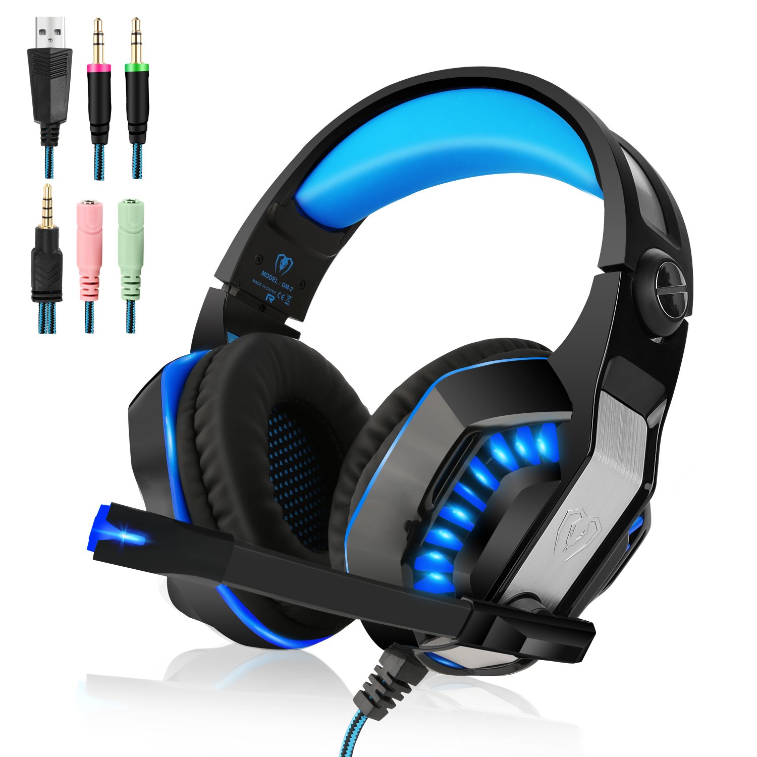 Beexcellent Casque Gaming pour PS4 3,5 mm Stéréo Gaming Headset écouteur LED Lumière Headphones avec Mic pour PS4 PC Téléphones Mobiles (Bleu)