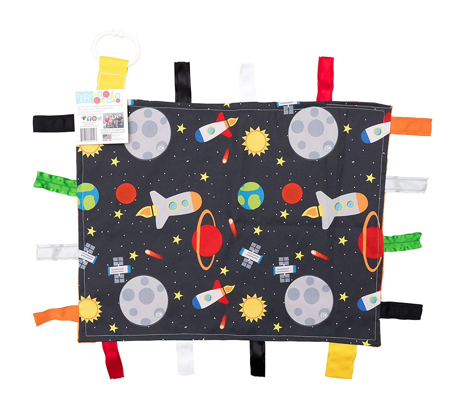 Baby Sensory, Security & Teething Closed Ribbon Tag Lovey Blanket with Minky Dot Fabric: 14X18 (Outer Space)