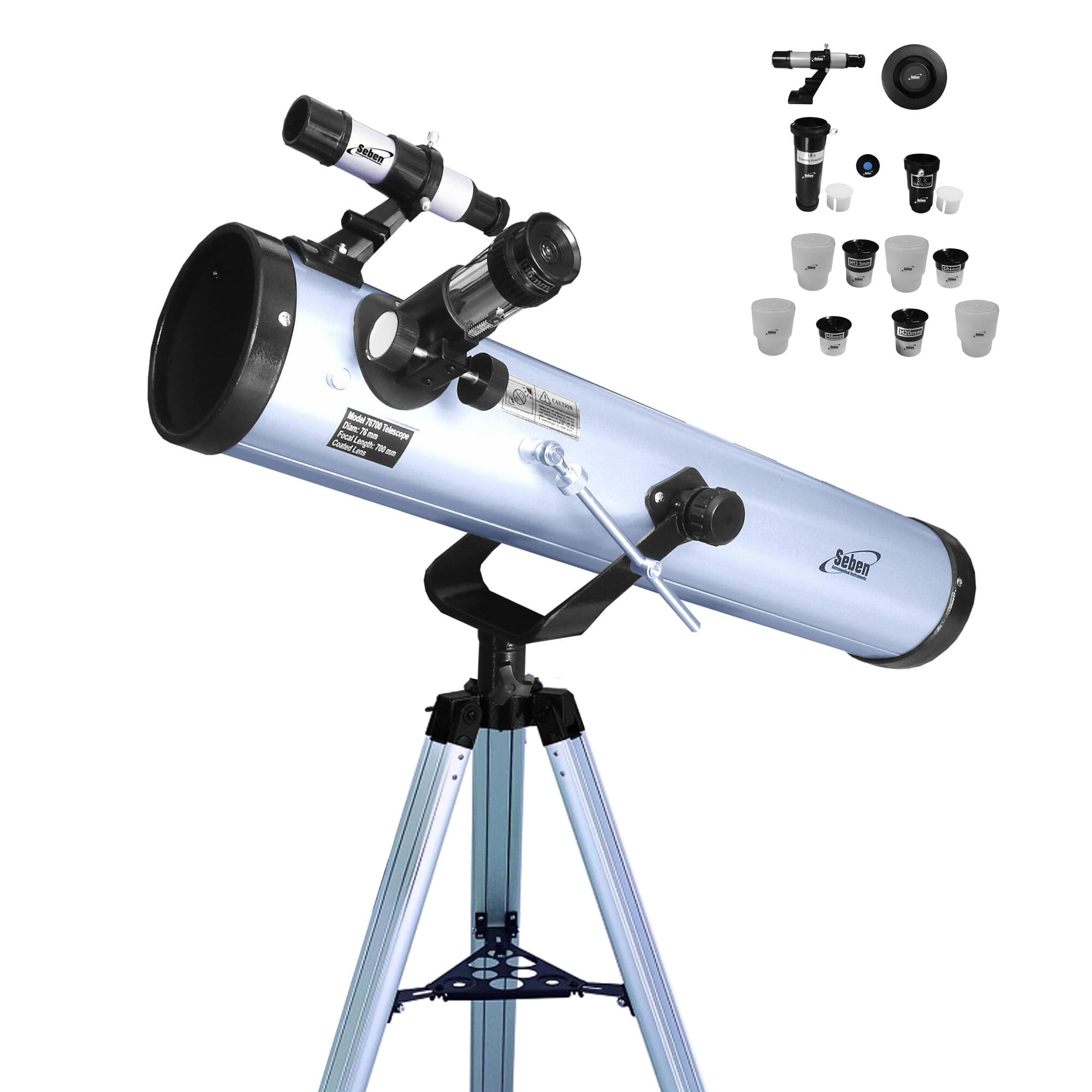 Seben 76/700 AZ astronomical reflector telescope including aluminium tripod, large eyepiece filter set