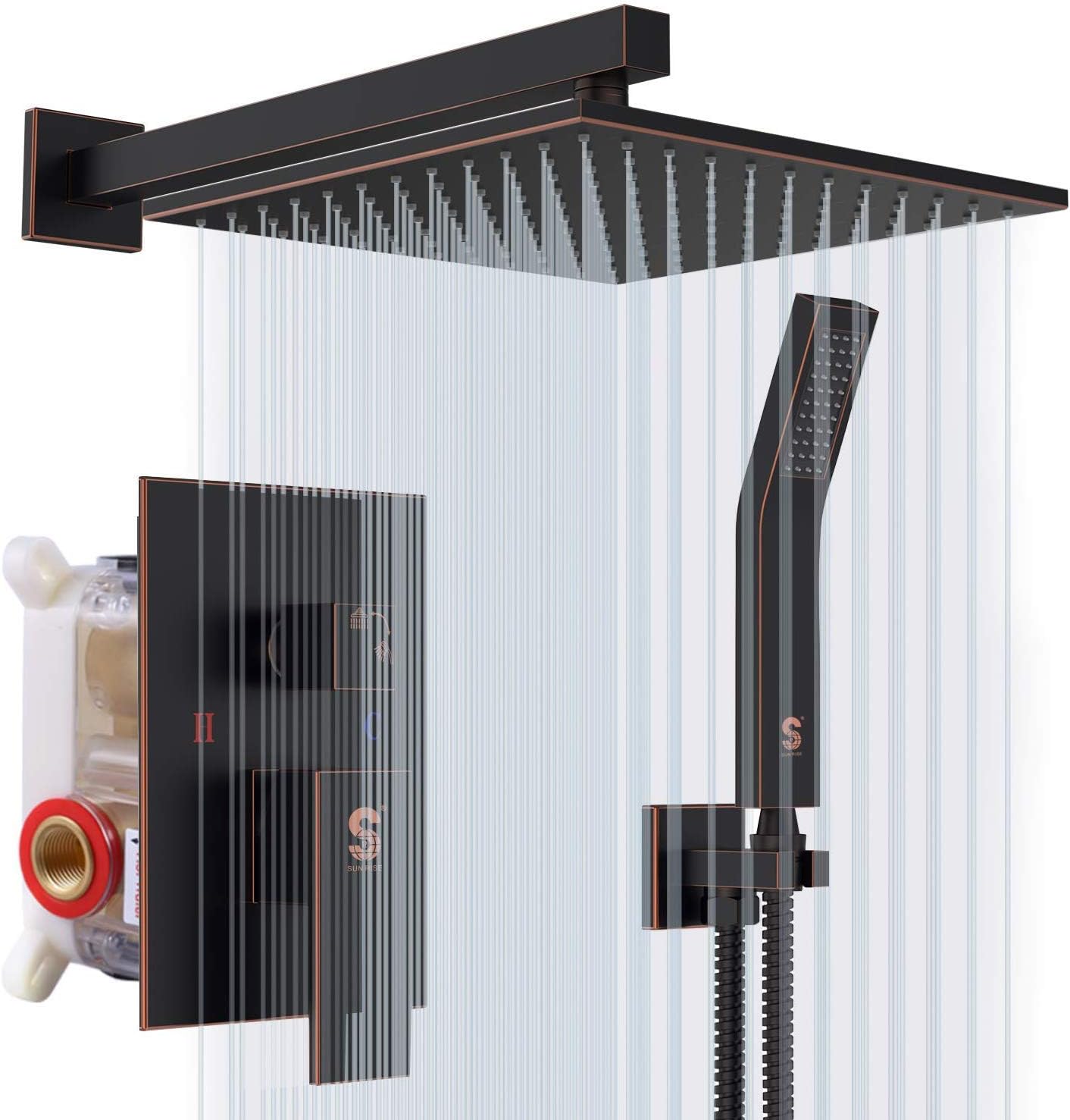 SR SUN RISE Oil Rubbed Bronze Shower System 10 Inch Brass Bathroom Luxury Rain Mixer Shower Combo Set Wall Mounted Rainfall Shower Head System Shower Faucet Rough-in Valve Body and Trim Included