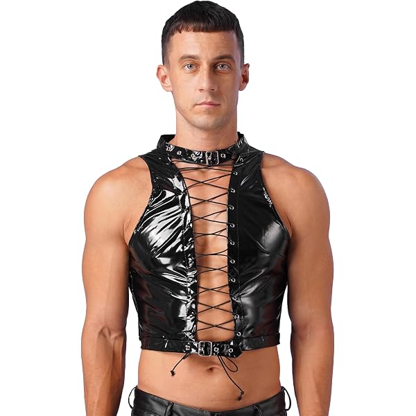 Jhaoyu Mens Wet Look PVC Leather Vest Tank Top Sexy Open Cups
