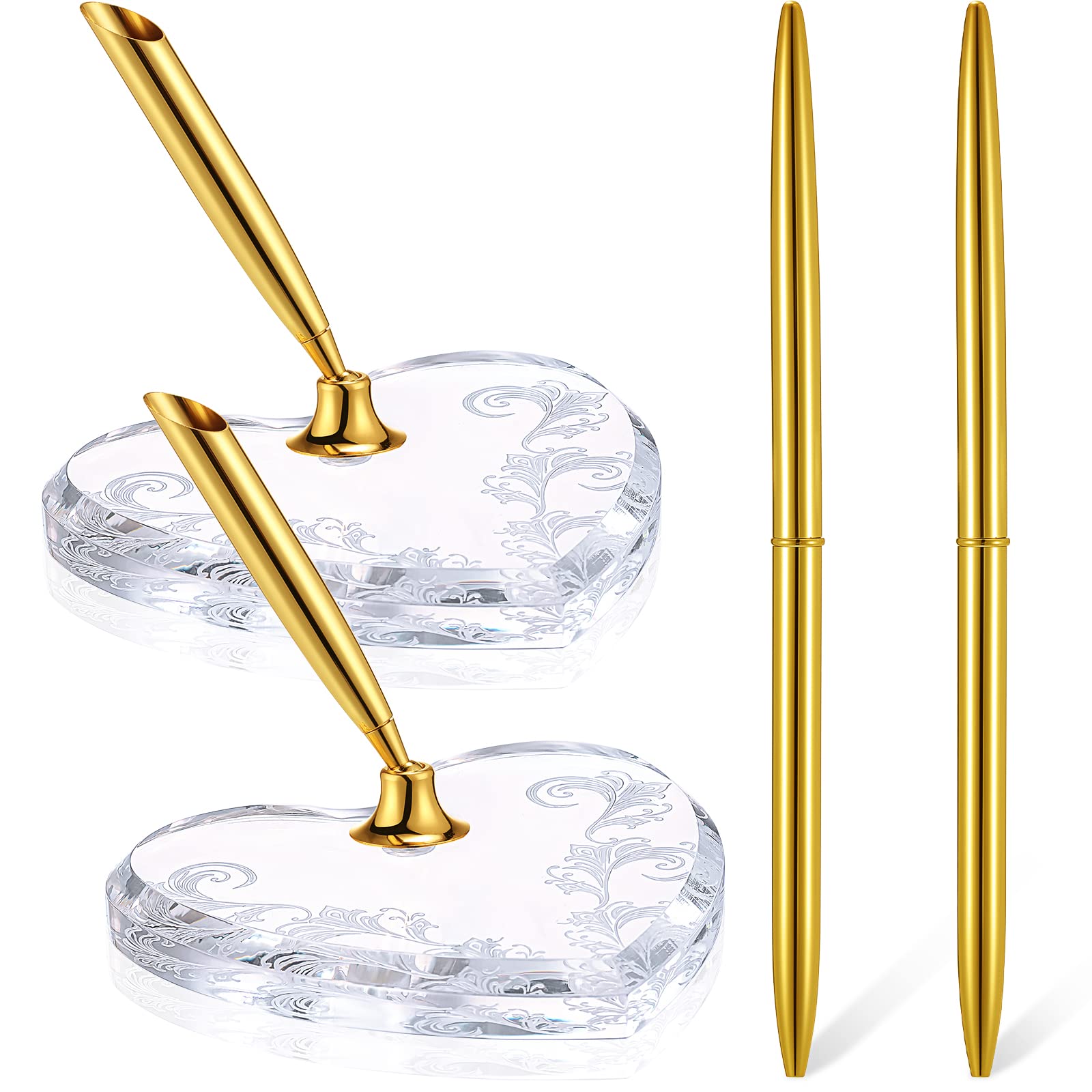 Photo 1 of Outus 2 Pcs Wedding Pens Set for Guest Book Acrylic Heart Pen Holder Stand with Gold Pen for Wedding Bridal Engagement Guests Book Ceremony Valentines Favor