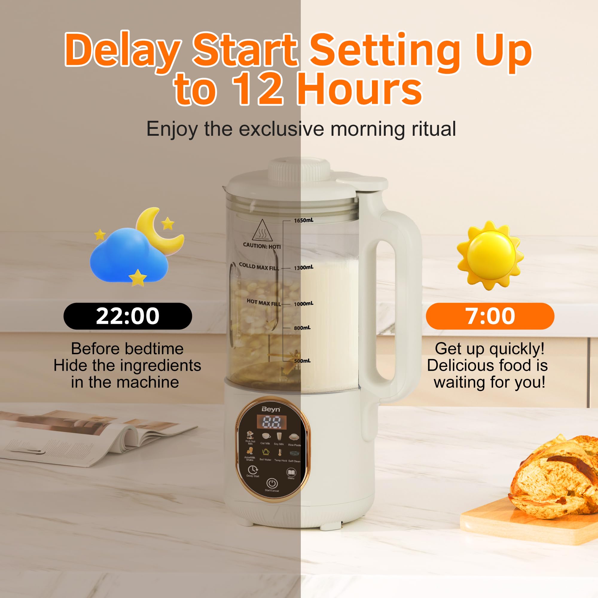 Beyn Máquina para hacer leche de nueces de 60 oz con cuchillas de titanio de 48 hojas, máquina automática para hacer leche a base de plantas 10 en 1 para avena casera, soja, almendras, jugo y más, retención de temperatura, inicio retardado, ebullición y limpieza automática