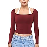 YEOREO Long Sleeve Workout Tops for Women Square Neck Slim Fitted Double Lined Compression Shirt Basic Casual Gym Yoga Tops