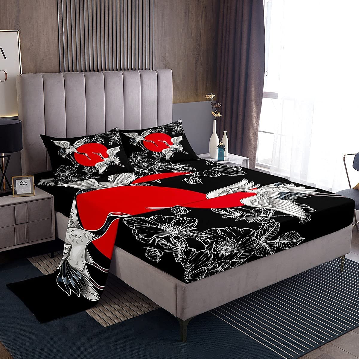 Loussiesd 3D Boys Japanese Ukiyoe Bed Sheet Set Chinese Crane Bedding Fitted Sheet for Kids Girls Teens Hokusai Floral Sun Pattern Bed Sheets Japanese Style with 2 Pillowcases 4Pcs Bedding King Size