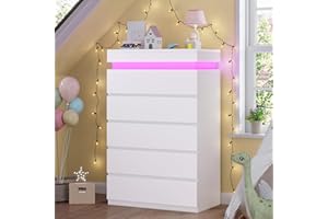 HAUOMS Tall 5 Drawer Dresser with LED Light, White Modern Chest of Drawers for Bedroom,Closet Dressers with Drawers for Living Room, Entryway, Hallway
